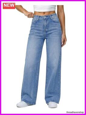 High Waisted Wide Leg Stretchy Denim Jeans for Women with Pockets